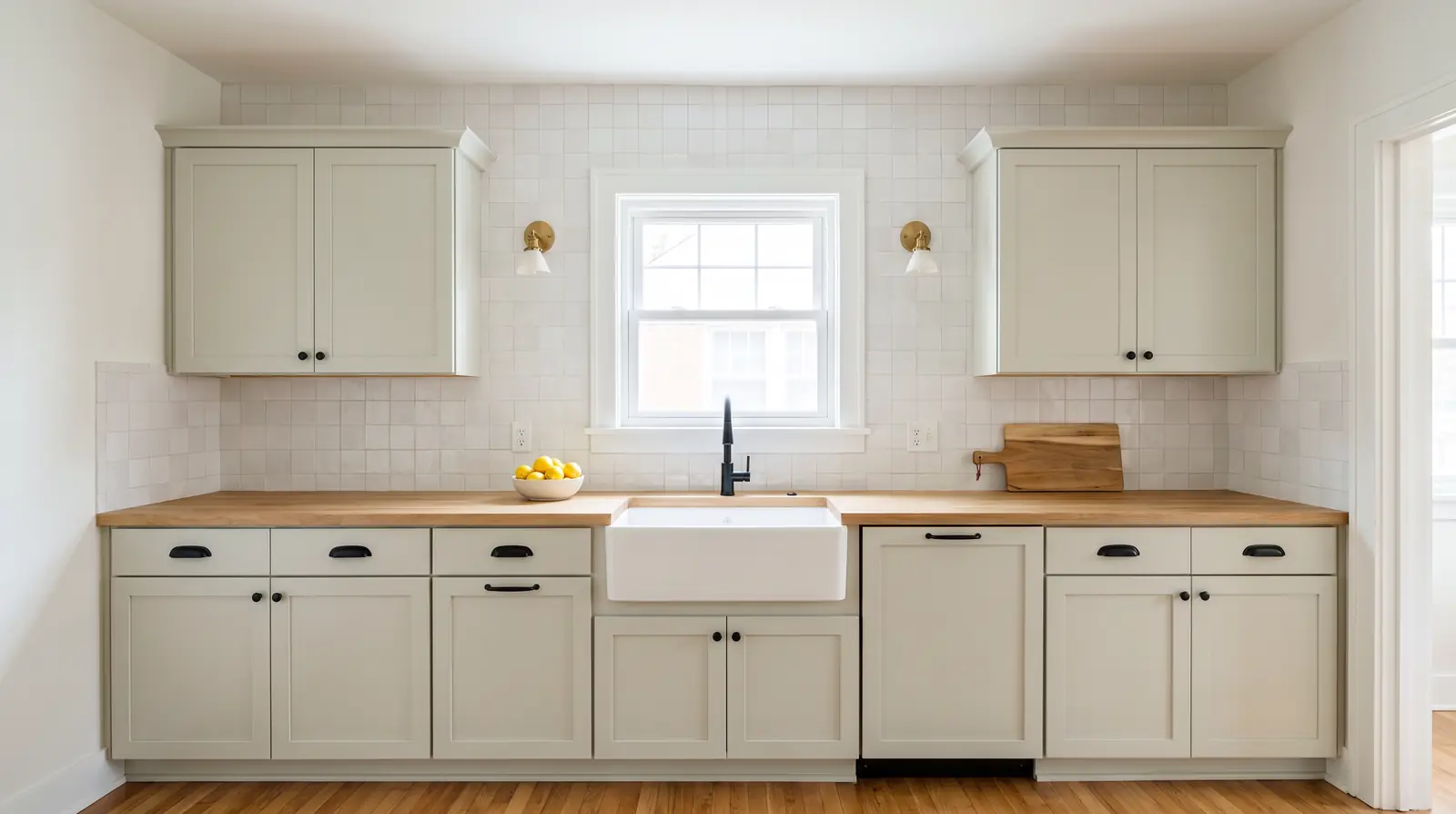 After: the same wall with sage shaker cabinets, white oak butcher block, zellige tile and a fireclay farmhouse sink