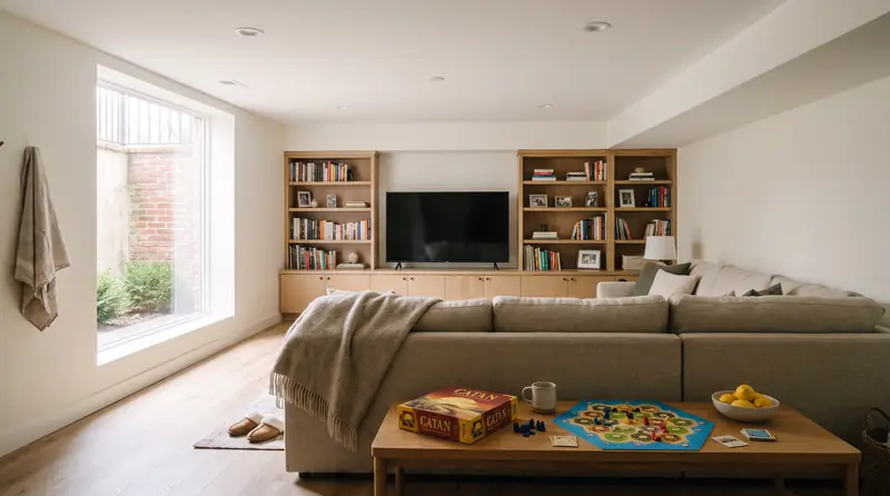 A basement den with an oatmeal sectional, a white oak media wall and an egress window