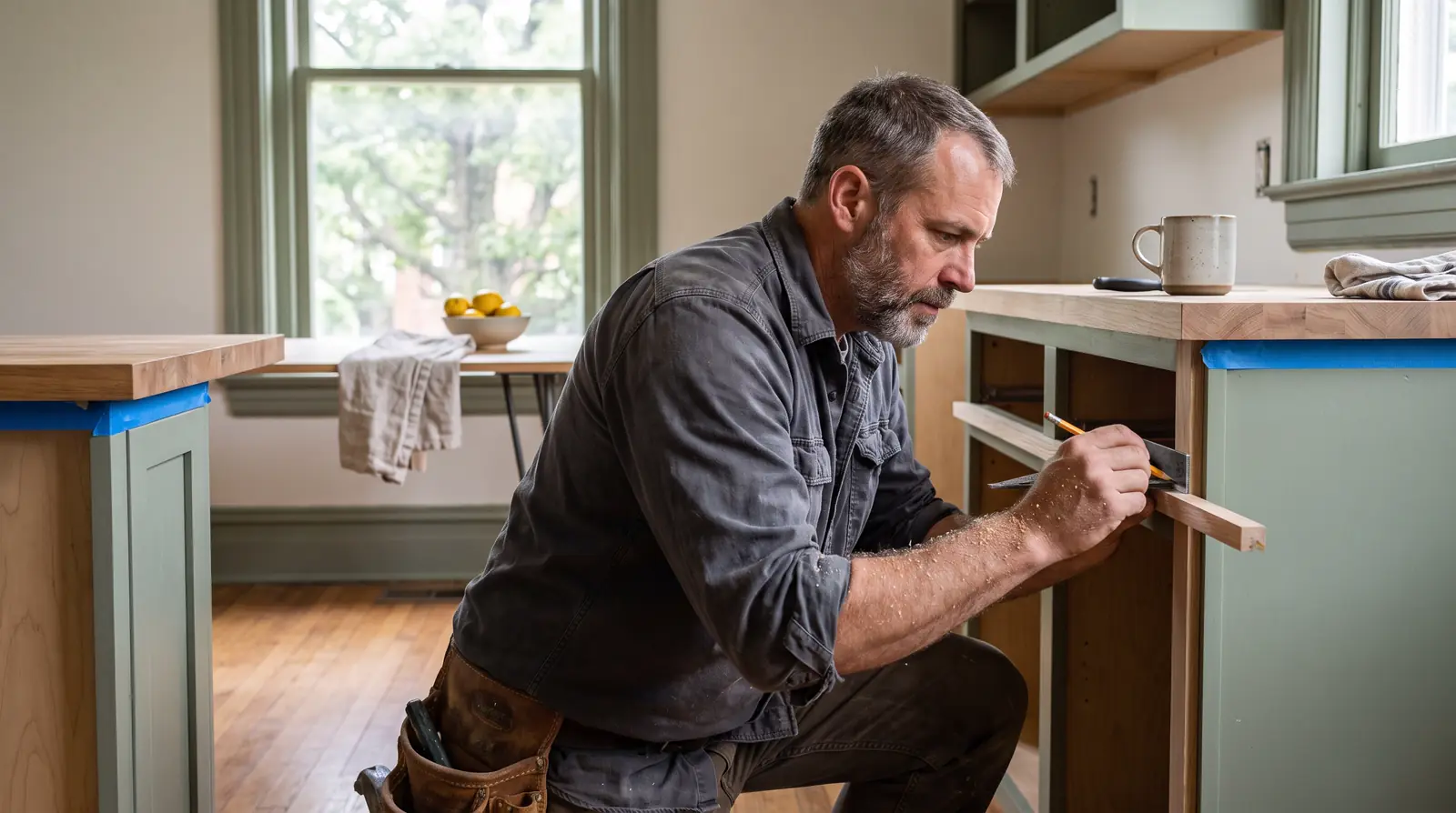 Dale, our lead carpenter, kneels to scribe a white oak filler strip against a painted cabinet