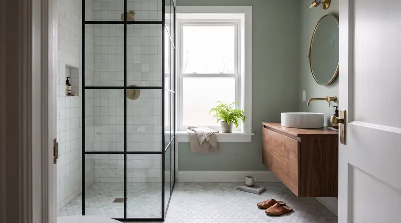 A curbless shower with black steel glass, white square tile and a walnut vanity