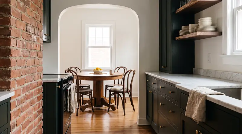 A galley kitchen with one exposed red-brick wall, green-black cabinets and an opening to the dining room