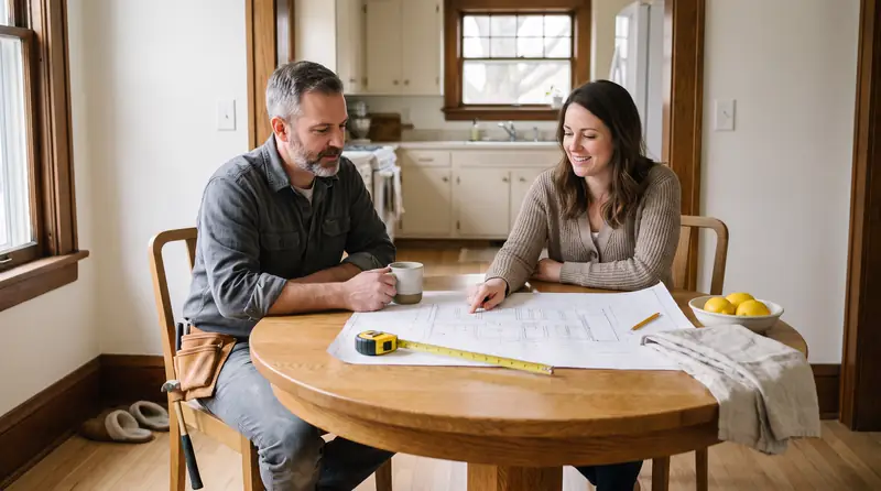 Dale and a homeowner go over a hand-drawn kitchen elevation at her dining table, tape measure on the drawing